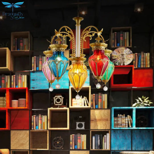 Urn Red - Yellow - Blue Glass Hanging Chandelier Moroccan 6 Lights Restaurant Ceiling Light Brass