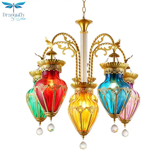 Urn Red - Yellow - Blue Glass Hanging Chandelier Moroccan 6 Lights Restaurant Ceiling Light