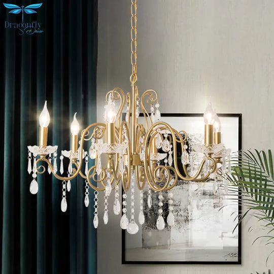 Victorian Swirl Arm Candelabra Chandelier 6 Bulbs Crystal Hanging Light Fixture In Gold