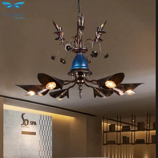 Villa Horn Shade Chandelier Metallic 6 Bulbs Classic Style Pendant Light In Rust Bronze