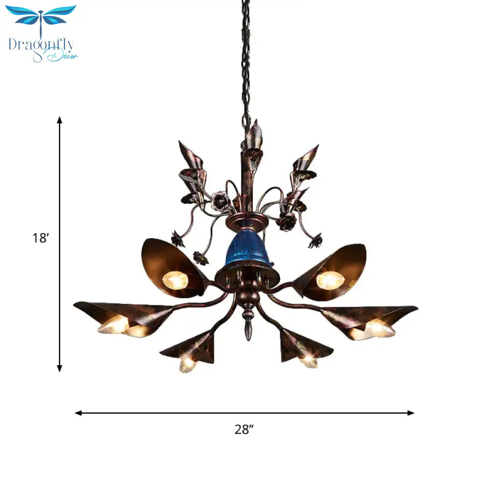 Villa Horn Shade Chandelier Metallic 6 Bulbs Classic Style Pendant Light In Rust