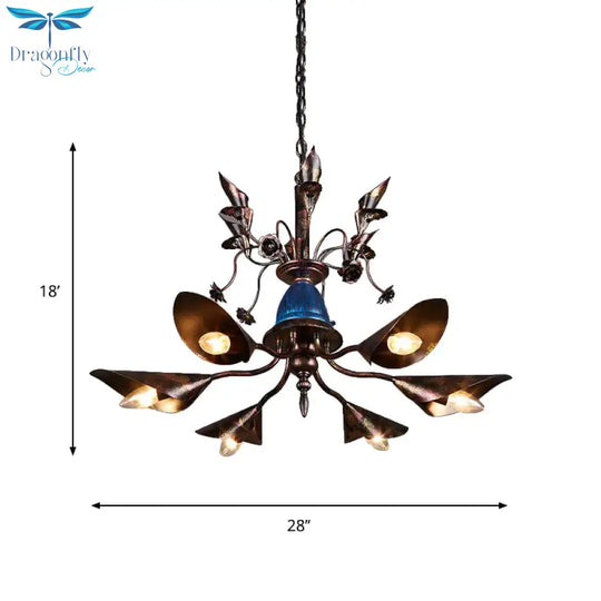 Villa Horn Shade Chandelier Metallic 6 Bulbs Classic Style Pendant Light In Rust