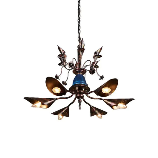 Villa Horn Shade Chandelier Metallic 6 Bulbs Classic Style Pendant Light In Rust