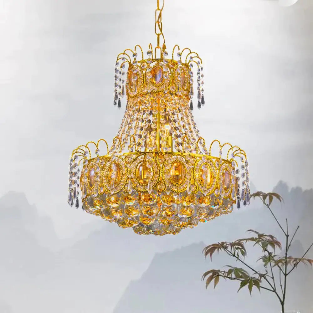 Vintage Basket Pendant Lamp 8 Heads Crystal Strand Chandelier Lighting In Gold For Lobby