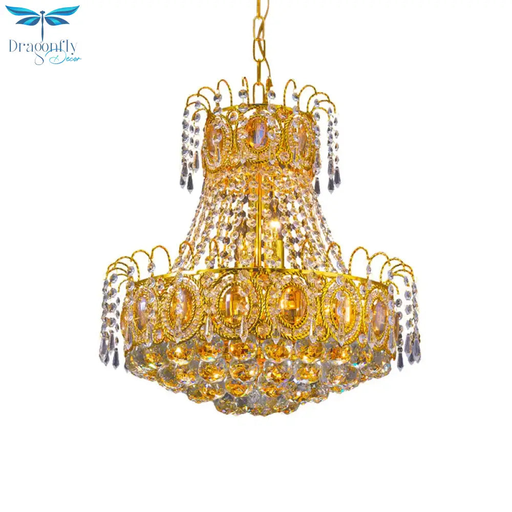 Vintage Basket Pendant Lamp 8 Heads Crystal Strand Chandelier Lighting In Gold For Lobby