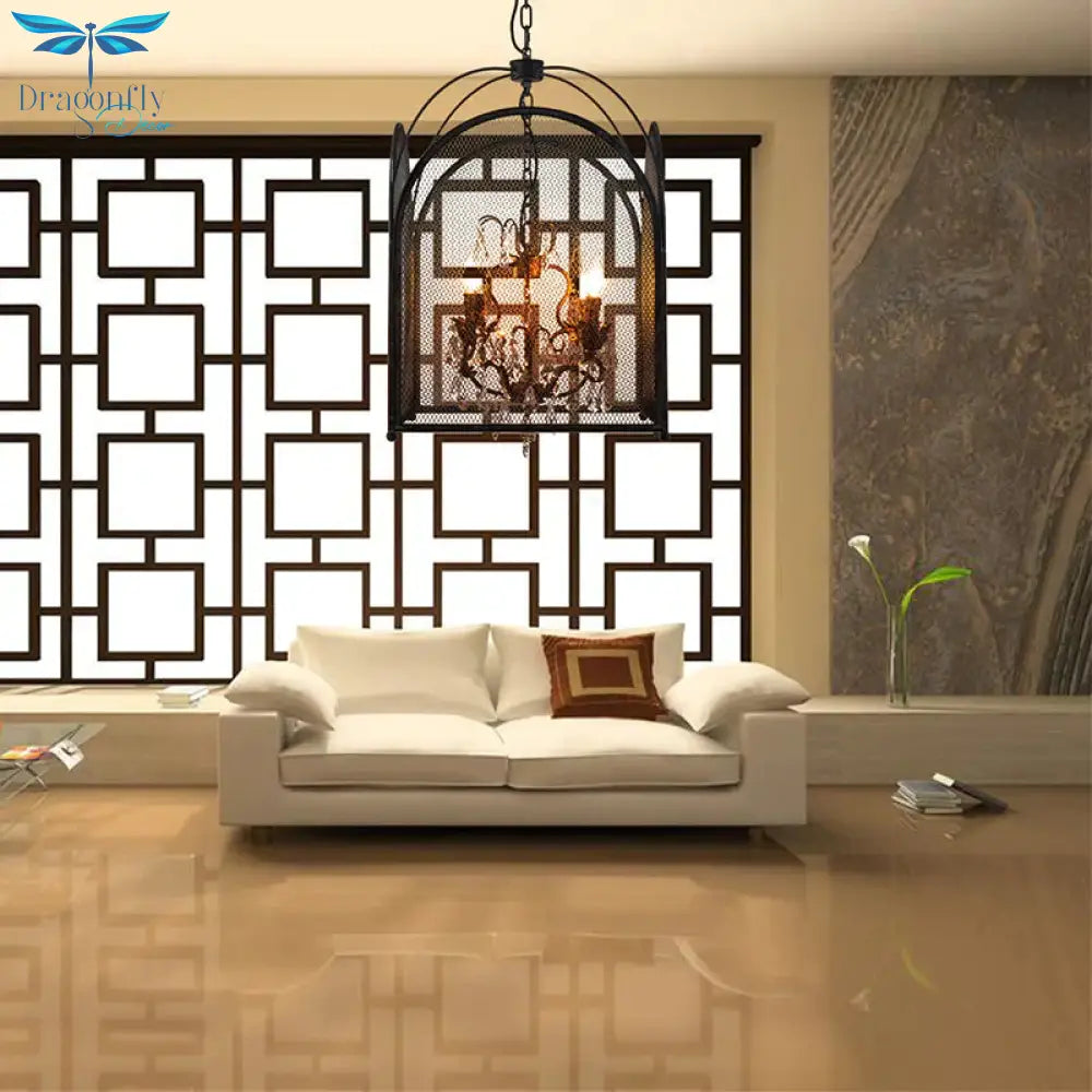 Vintage Candle Hanging Pendant 4 Lights Metal Ceiling Chandelier In Black With Crystal Drop