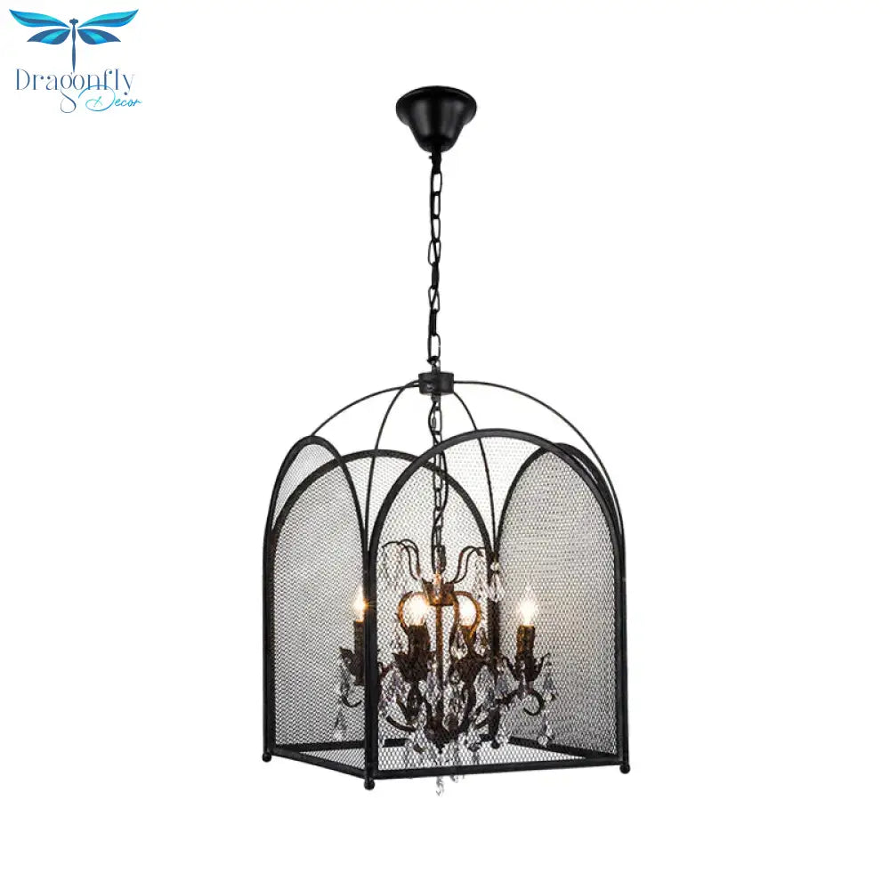 Vintage Candle Hanging Pendant 4 Lights Metal Ceiling Chandelier In Black With Crystal Drop