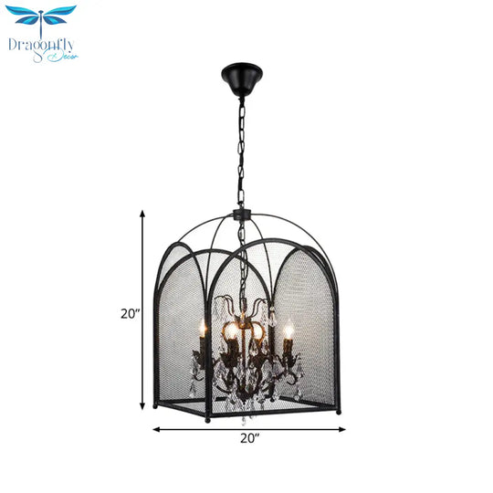Vintage Candle Hanging Pendant 4 Lights Metal Ceiling Chandelier In Black With Crystal Drop