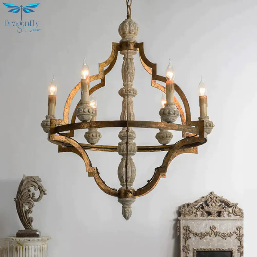Vintage Candle Shape Hanging Pendant 6 Lights Wood Ceiling Chandelier In Antique Brass For Dining