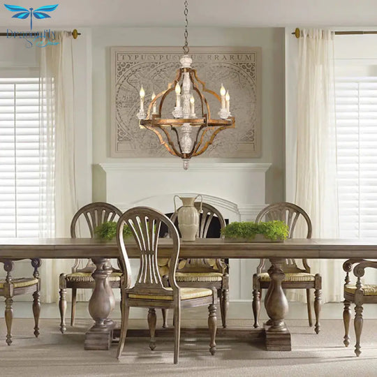 Vintage Candle Shape Hanging Pendant 6 Lights Wood Ceiling Chandelier In Antique Brass For Dining