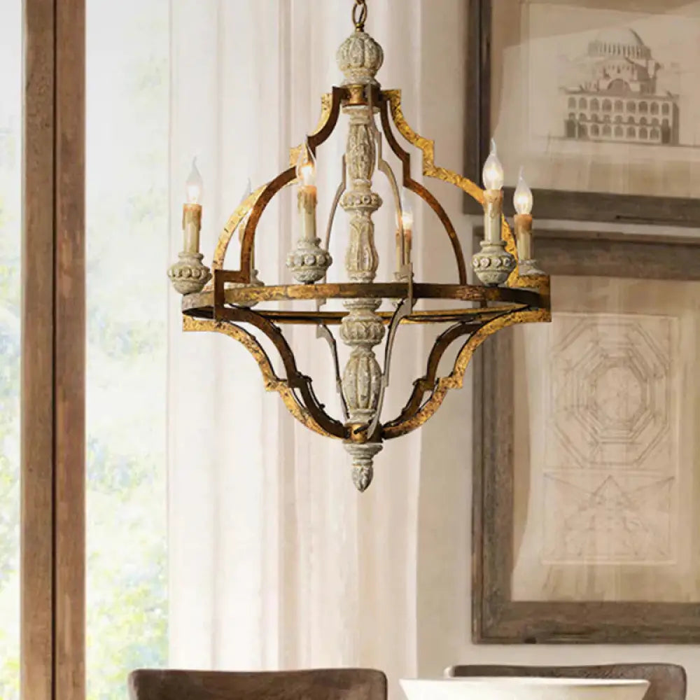 Vintage Candle Shape Hanging Pendant 6 Lights Wood Ceiling Chandelier In Antique Brass For Dining