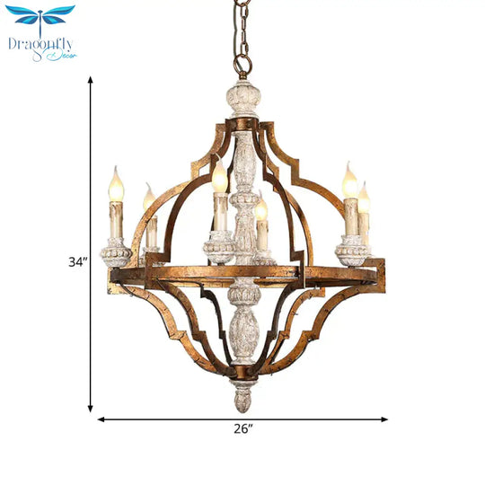 Vintage Candle Shape Hanging Pendant 6 Lights Wood Ceiling Chandelier In Antique Brass For Dining