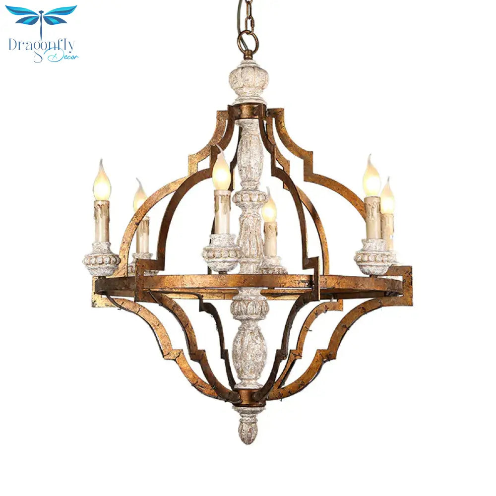 Vintage Candle Shape Hanging Pendant 6 Lights Wood Ceiling Chandelier In Antique Brass For Dining