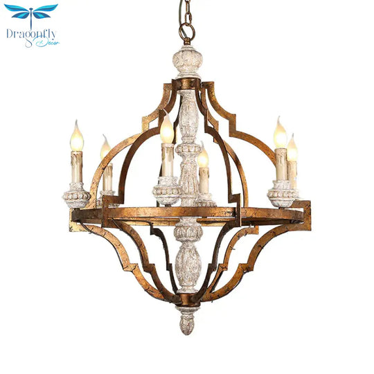 Vintage Candle Shape Hanging Pendant 6 Lights Wood Ceiling Chandelier In Antique Brass For Dining