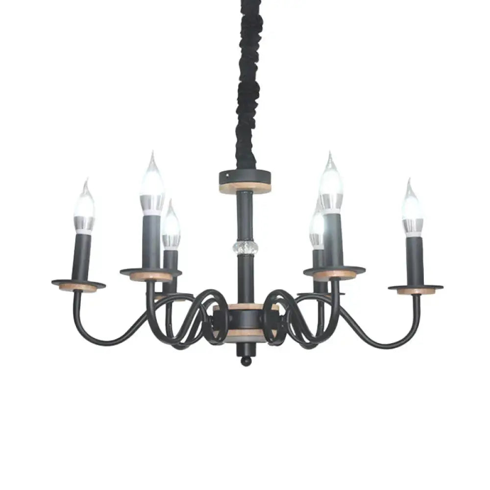 Vintage Candle Shape Pendant Chandelier 6 Heads Metallic Swooping Arm Suspension Lighting In Black
