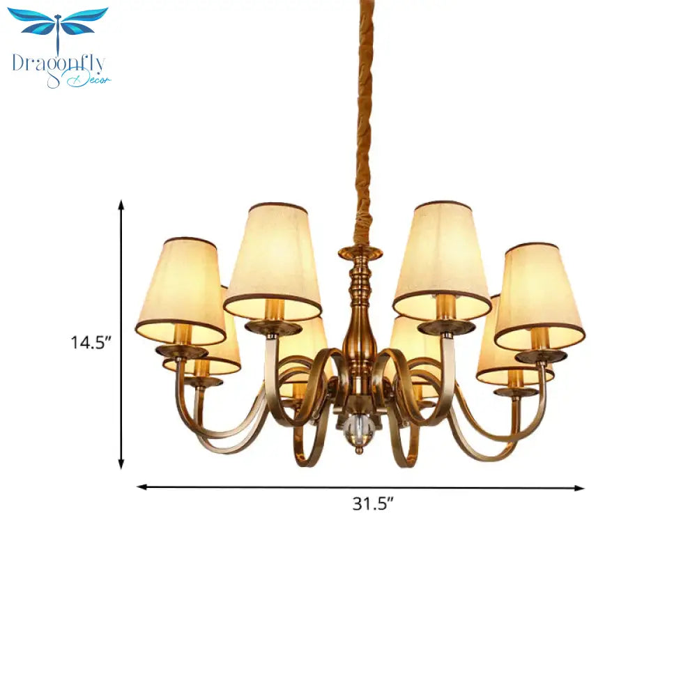 Vintage Cone Suspension Light 6/8 Bulbs Fabric Hanging Chandelier With Curving Arm In Brass For