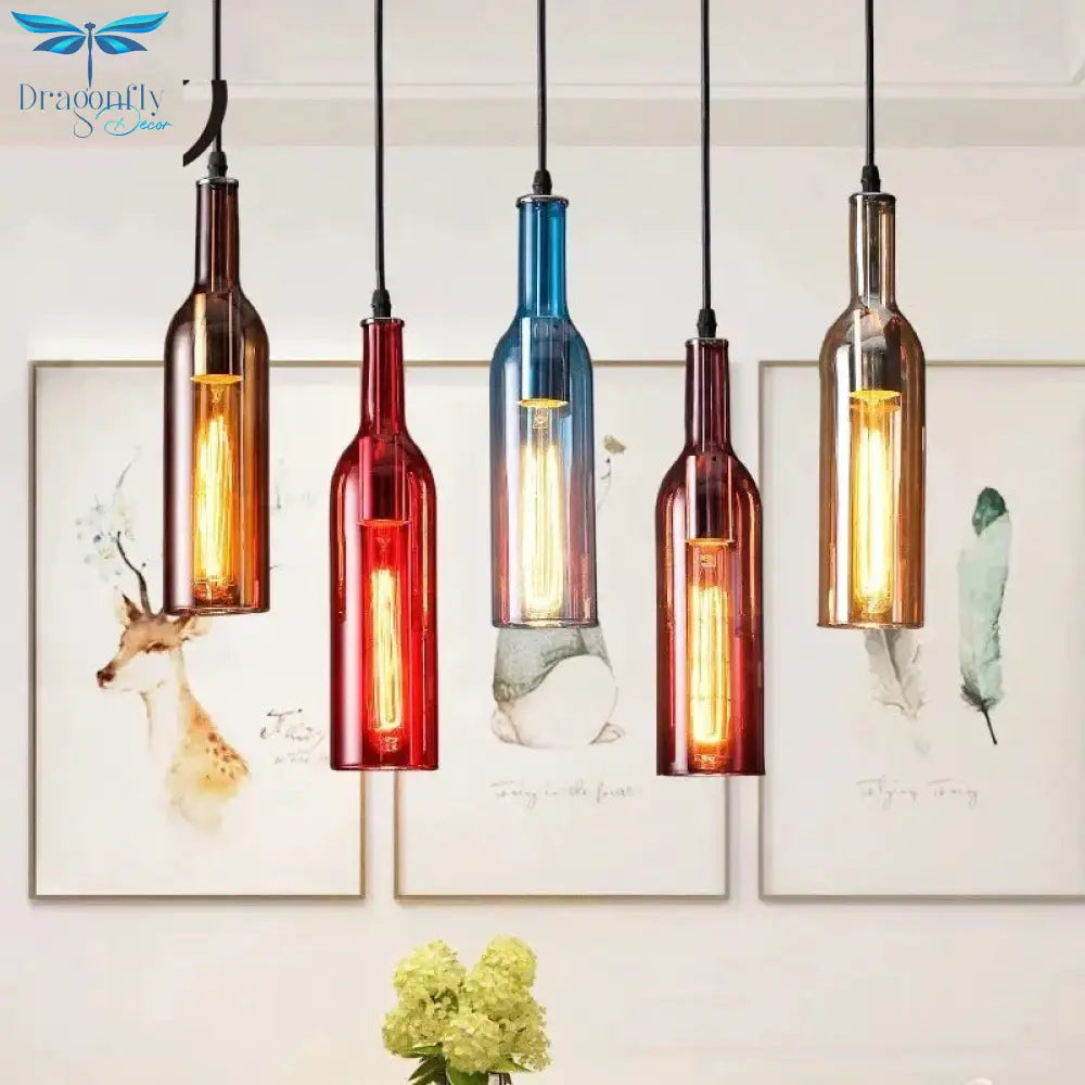 Vintage Creative Beer Bottle Glass Pendant Light Led E27 With 5 Colors Loft Hanging Lal Restaurant