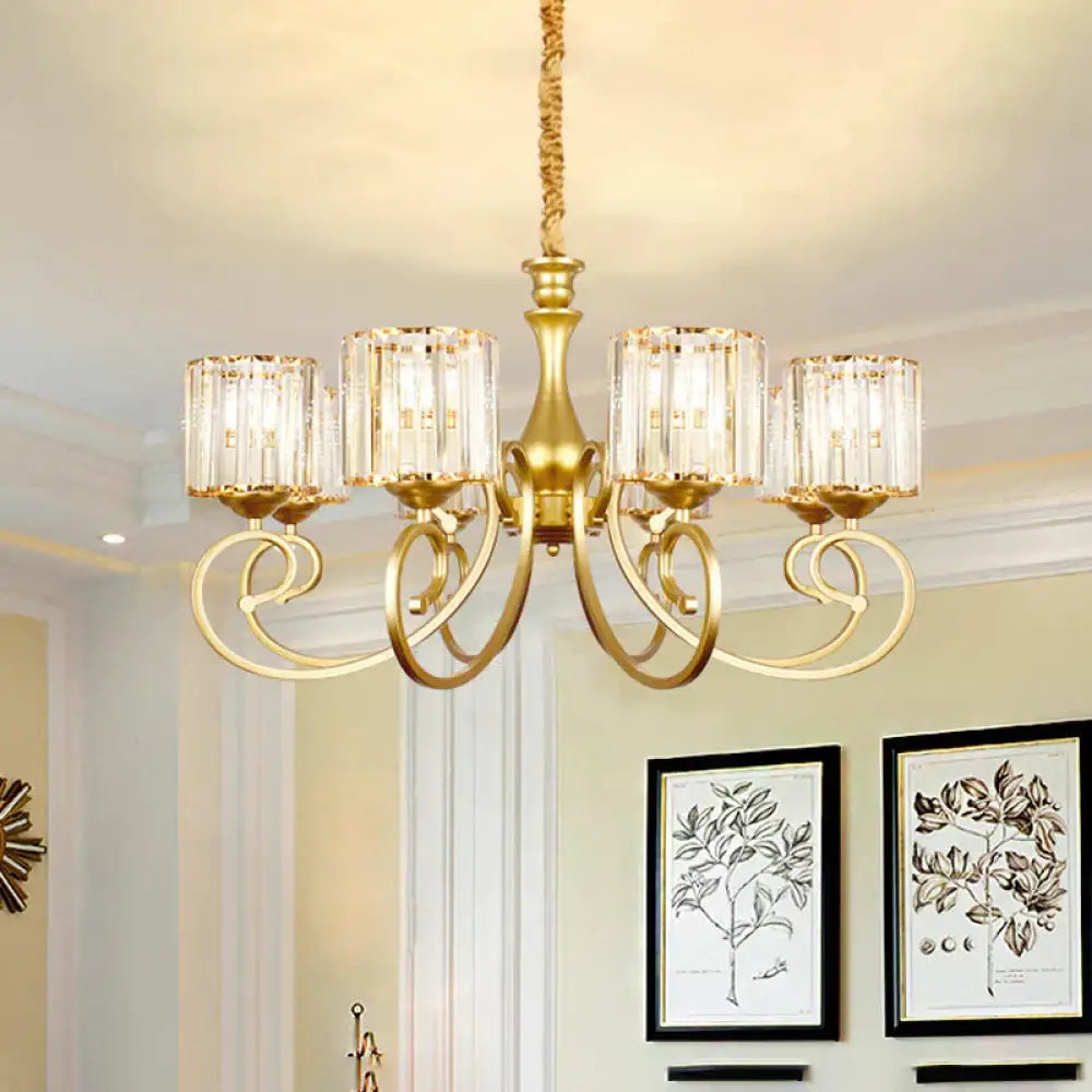 Vintage Cylindrical Chandelier Lighting 8 - Head Clear Crystal Block Suspension Light In Gold