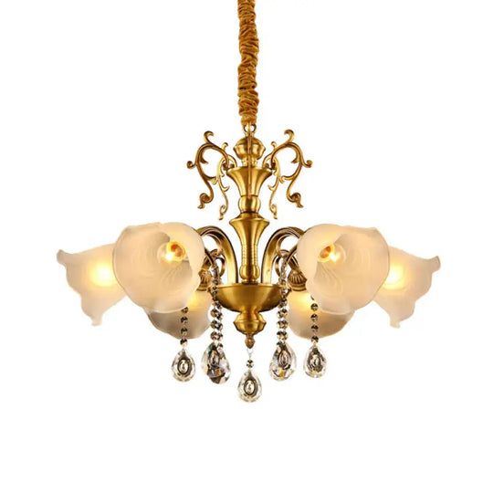 Vintage Floral Shade Ceiling Pendant Light Crystal Orbs 6 Heads Hanging Chandelier In Brass