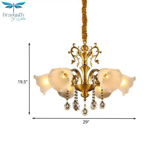 Vintage Floral Shade Ceiling Pendant Light Crystal Orbs 6 Heads Hanging Chandelier In Brass