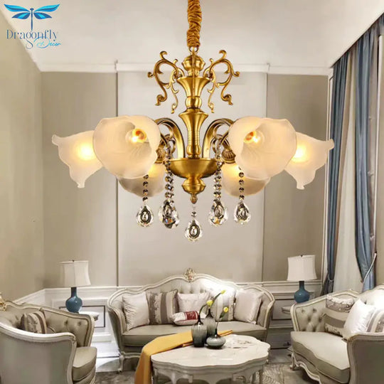 Vintage Floral Shade Ceiling Pendant Light Crystal Orbs 6 Heads Hanging Chandelier In Brass