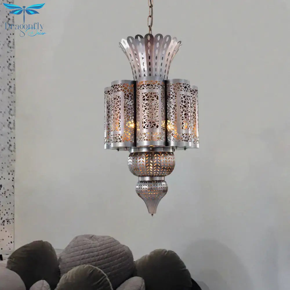 Vintage Hollow - Out Pendant Light 4 Bulbs Metallic Chandelier Ceiling Lamp In Bronze