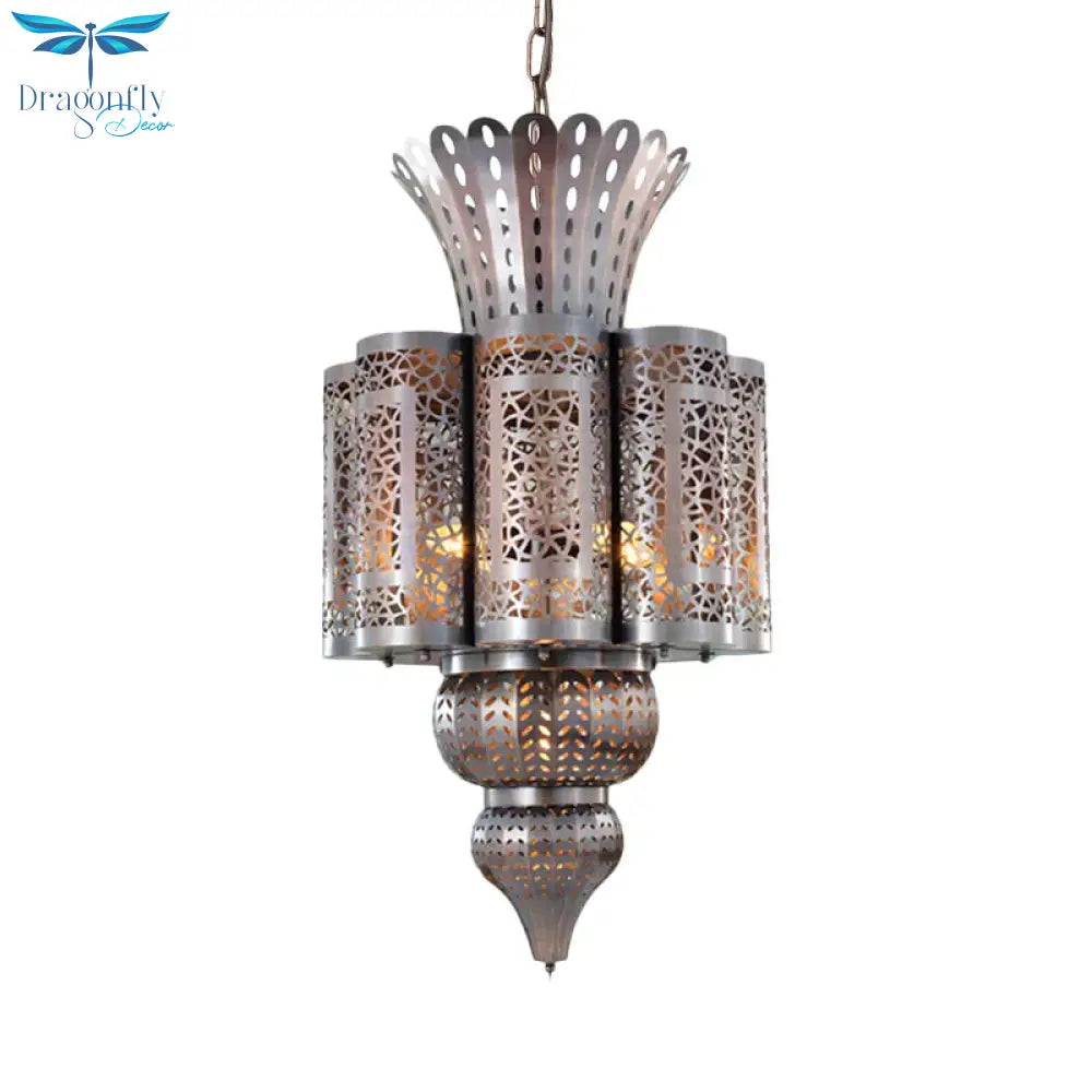 Vintage Hollow - Out Pendant Light 4 Bulbs Metallic Chandelier Ceiling Lamp In Bronze