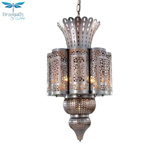 Vintage Hollow - Out Pendant Light 4 Bulbs Metallic Chandelier Ceiling Lamp In Bronze
