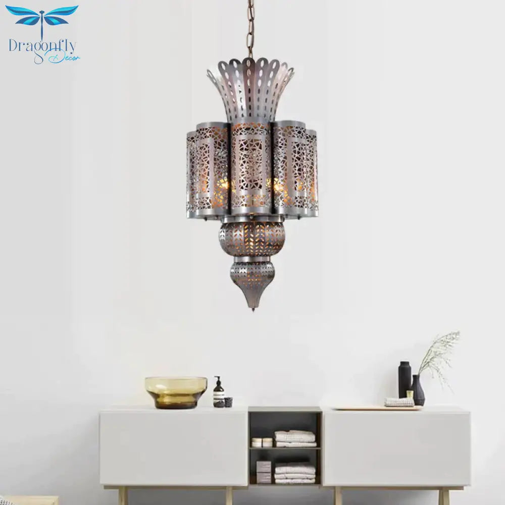 Vintage Hollow - Out Pendant Light 4 Bulbs Metallic Chandelier Ceiling Lamp In Bronze