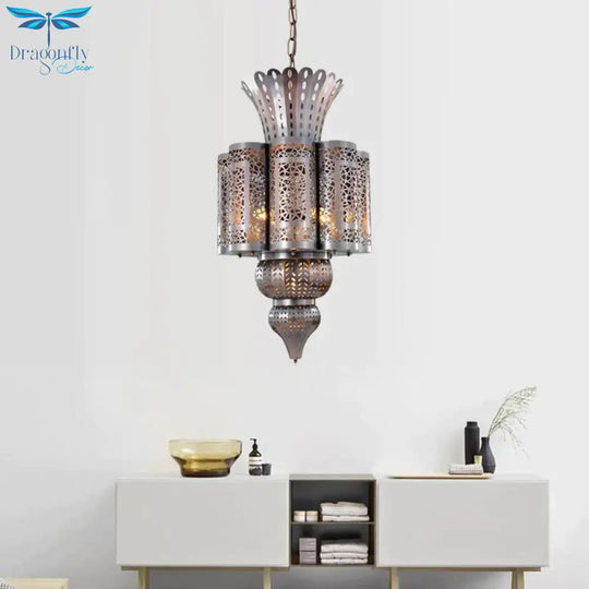 Vintage Hollow - Out Pendant Light 4 Bulbs Metallic Chandelier Ceiling Lamp In Bronze