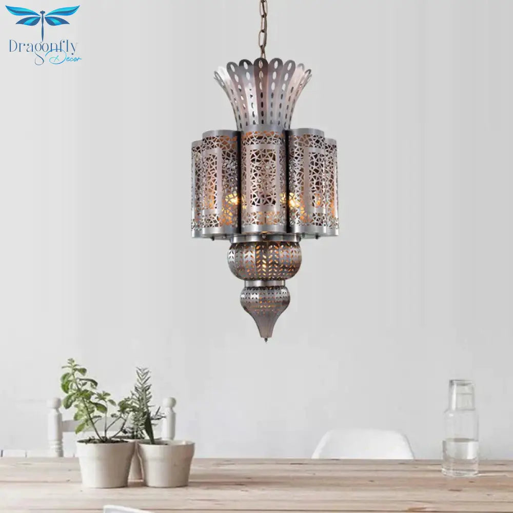 Vintage Hollow - Out Pendant Light 4 Bulbs Metallic Chandelier Ceiling Lamp In Bronze