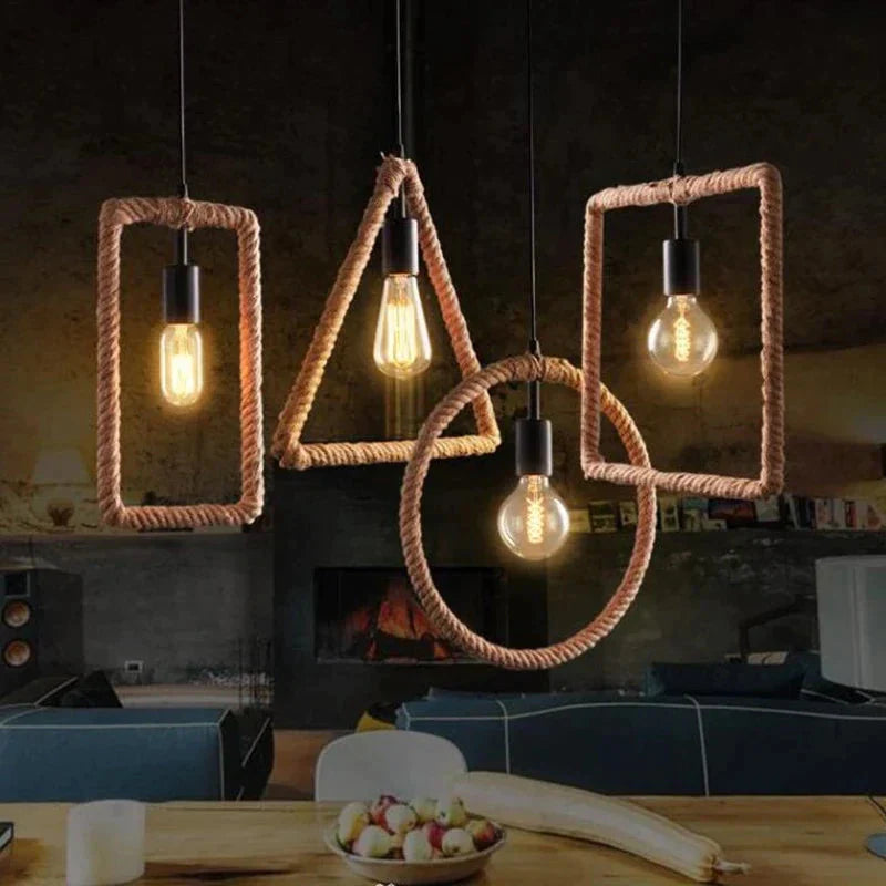 Vintage Iorn Painted Creative Geometric Rope Pendant Lights Led Lamp For Living Room Bedroom