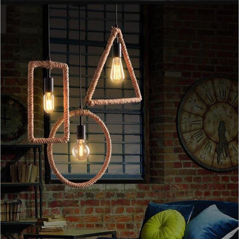 Vintage Iorn Painted Creative Geometric Rope Pendant Lights Led Lamp For Living Room Bedroom