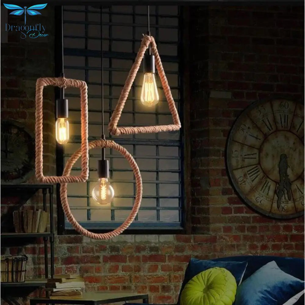 Vintage Iorn Painted Creative Geometric Rope Pendant Lights Led Lamp For Living Room Bedroom