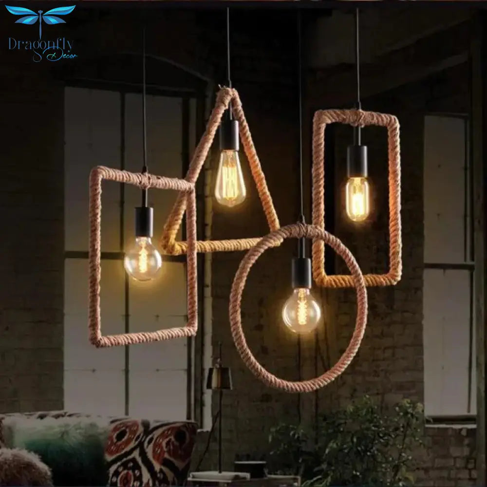 Vintage Iorn Painted Creative Geometric Rope Pendant Lights Led Lamp For Living Room Bedroom