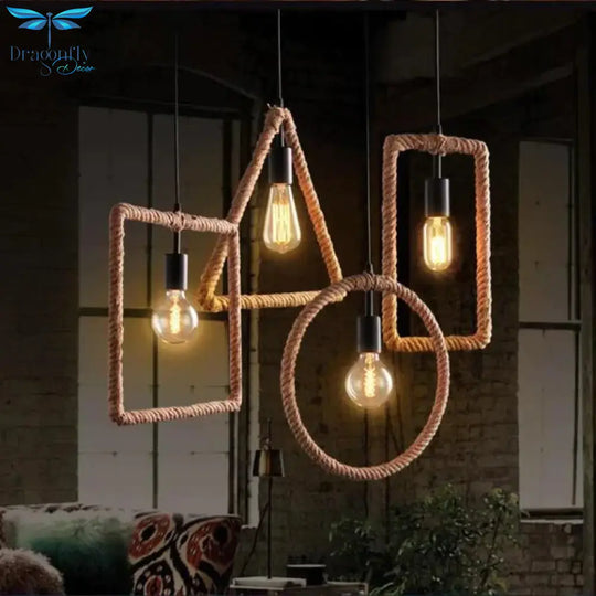 Vintage Iorn Painted Creative Geometric Rope Pendant Lights Led Lamp For Living Room Bedroom