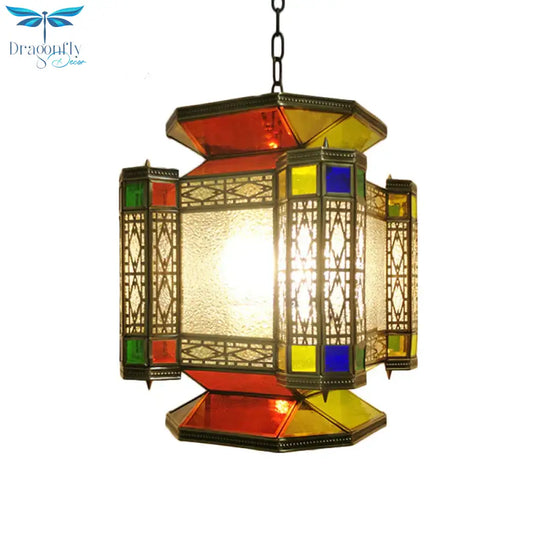 Vintage Lantern Chandelier Lighting 3 Lights Textured Glass Pendant Light Fixture In Brass