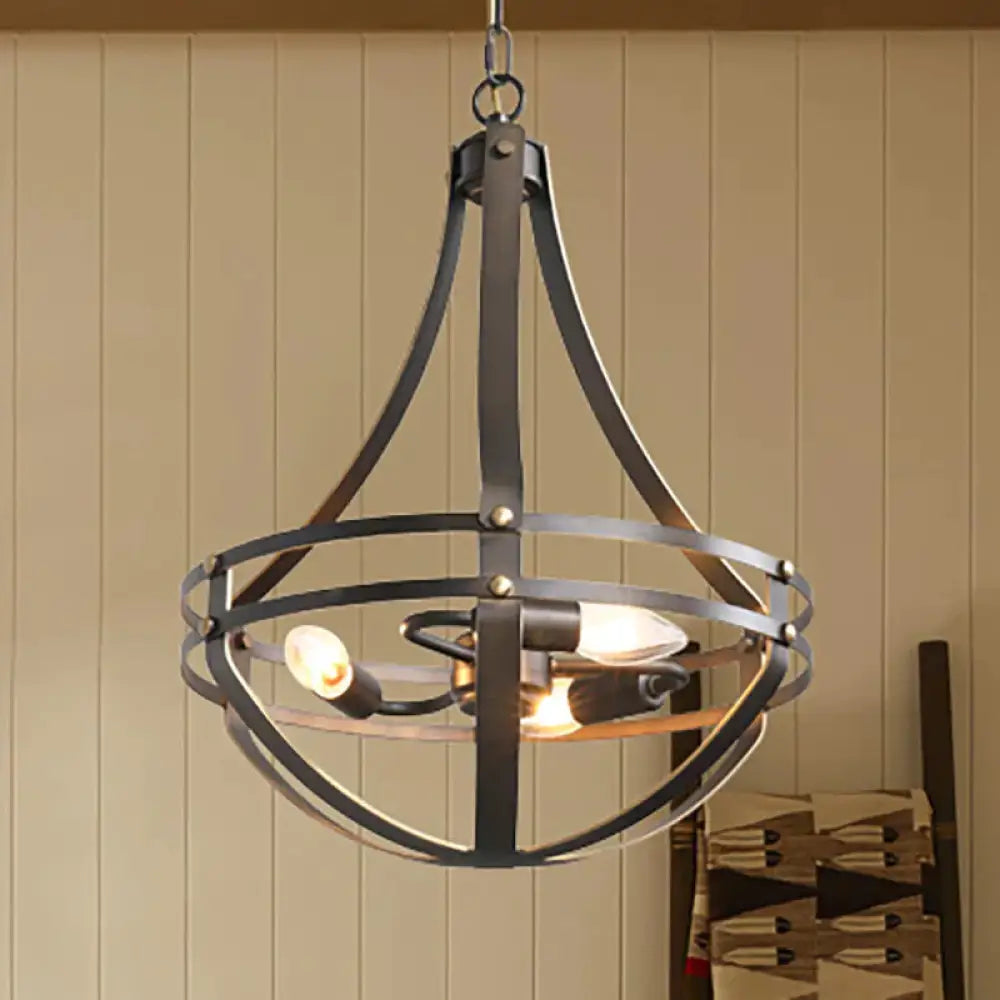 Vintage Style 3 Heads Black Pendant Lamp With Bowl Cage Metallic Shade