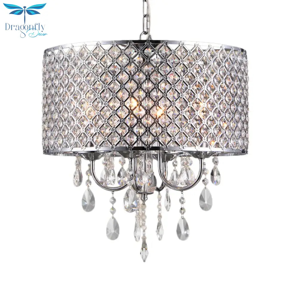 Vintage Style Black/Chrome Chandelier Lamp With Drum Shade 4 Lights Iron And Crystal Hanging Light