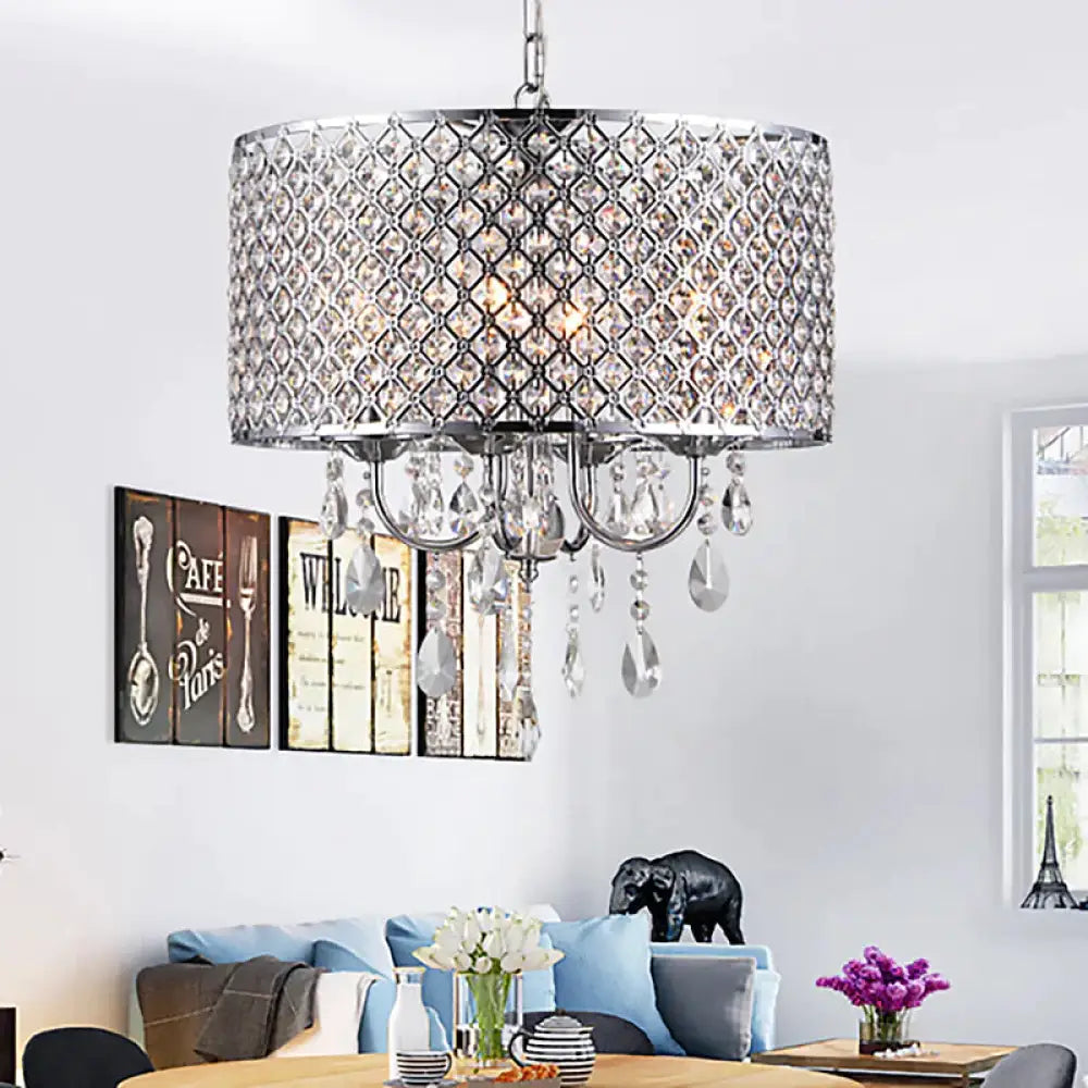 Vintage Style Black/Chrome Chandelier Lamp With Drum Shade 4 Lights Iron And Crystal Hanging Light