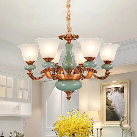 Vintage Style Floral Shaped Pendant Chandelier 6/8 - Bulb Cream Glass Suspension Lighting In Brown