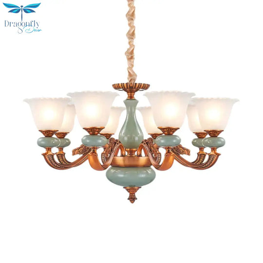 Vintage Style Floral Shaped Pendant Chandelier 6/8 - Bulb Cream Glass Suspension Lighting In Brown