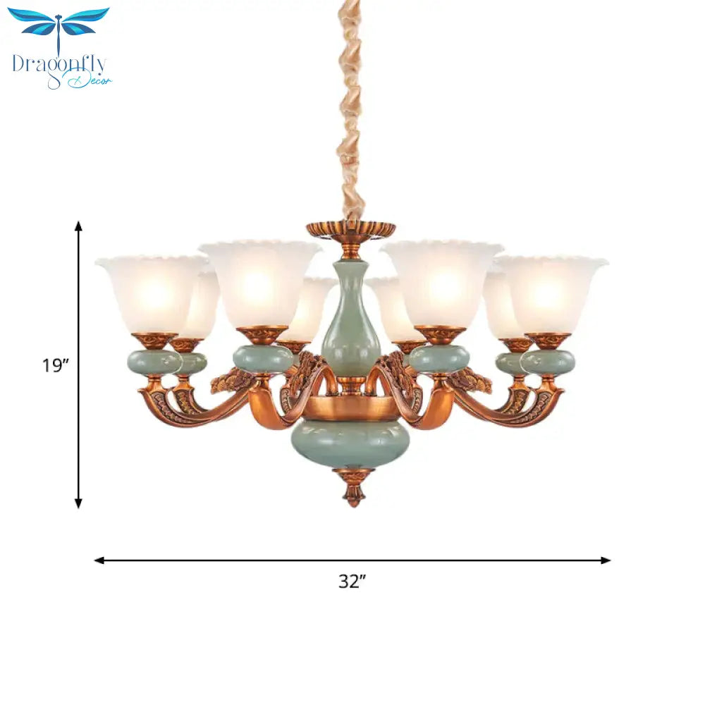 Vintage Style Floral Shaped Pendant Chandelier 6/8 - Bulb Cream Glass Suspension Lighting In Brown