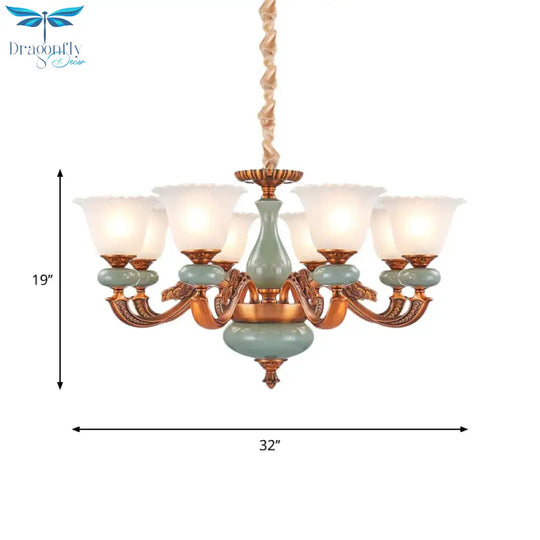 Vintage Style Floral Shaped Pendant Chandelier 6/8 - Bulb Cream Glass Suspension Lighting In Brown