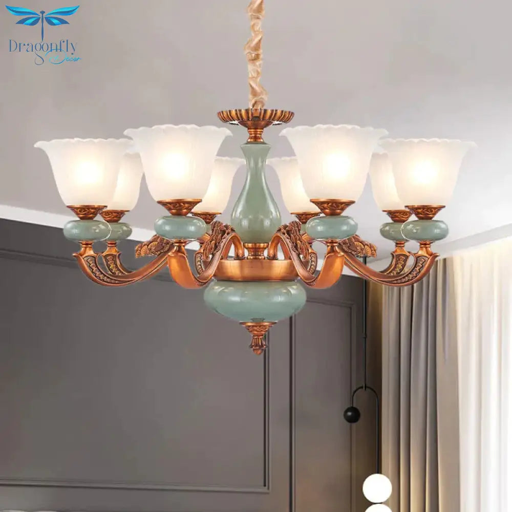 Vintage Style Floral Shaped Pendant Chandelier 6/8 - Bulb Cream Glass Suspension Lighting In Brown