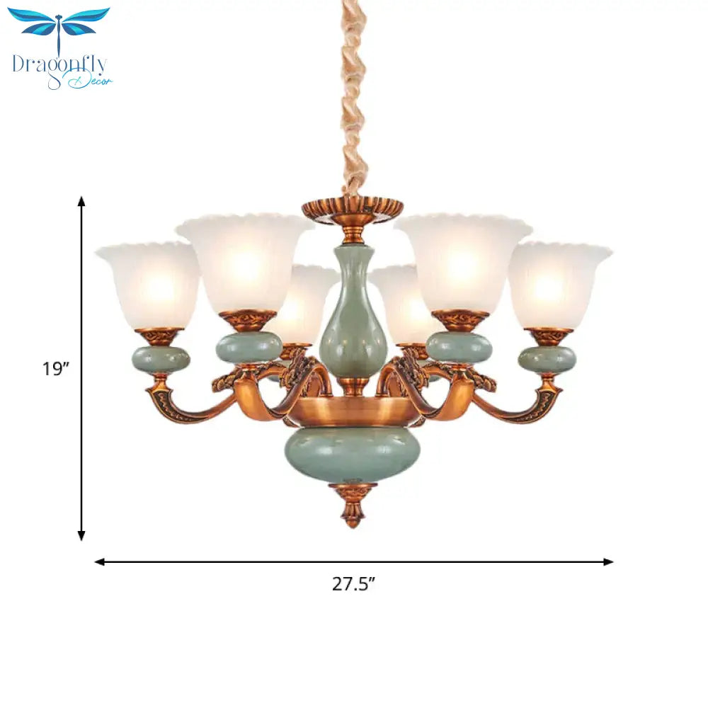 Vintage Style Floral Shaped Pendant Chandelier 6/8 - Bulb Cream Glass Suspension Lighting In Brown