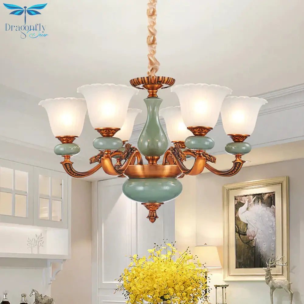 Vintage Style Floral Shaped Pendant Chandelier 6/8 - Bulb Cream Glass Suspension Lighting In Brown