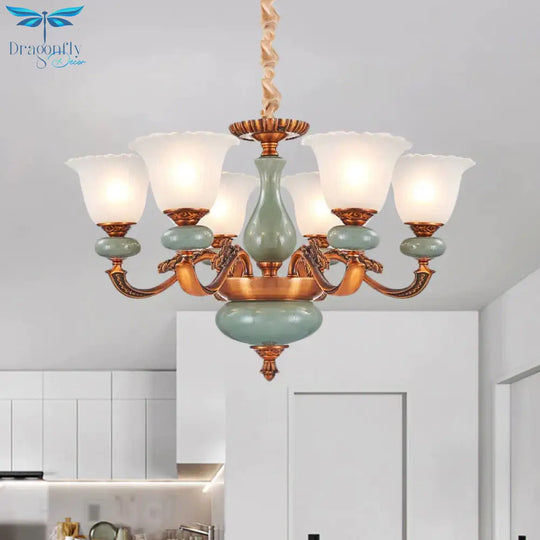 Vintage Style Floral Shaped Pendant Chandelier 6/8 - Bulb Cream Glass Suspension Lighting In Brown