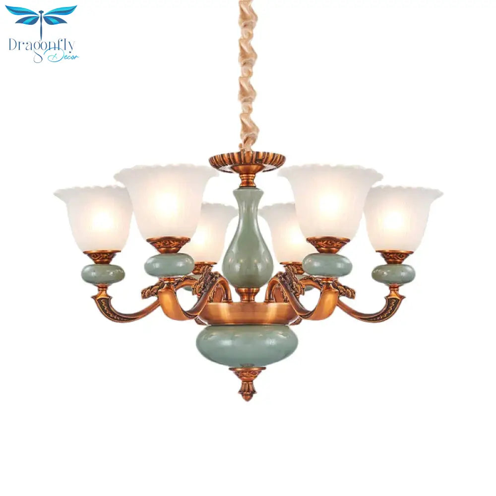Vintage Style Floral Shaped Pendant Chandelier 6/8 - Bulb Cream Glass Suspension Lighting In Brown