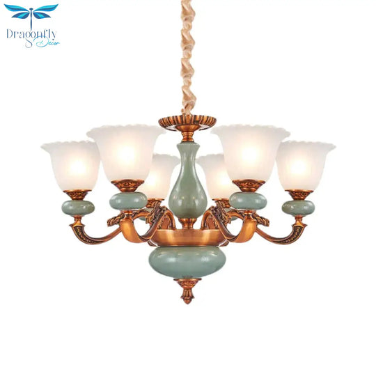 Vintage Style Floral Shaped Pendant Chandelier 6/8 - Bulb Cream Glass Suspension Lighting In Brown